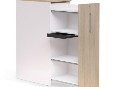 petite armoire de bureau coulissante avec tiroir et étagères blanche et porte en bois